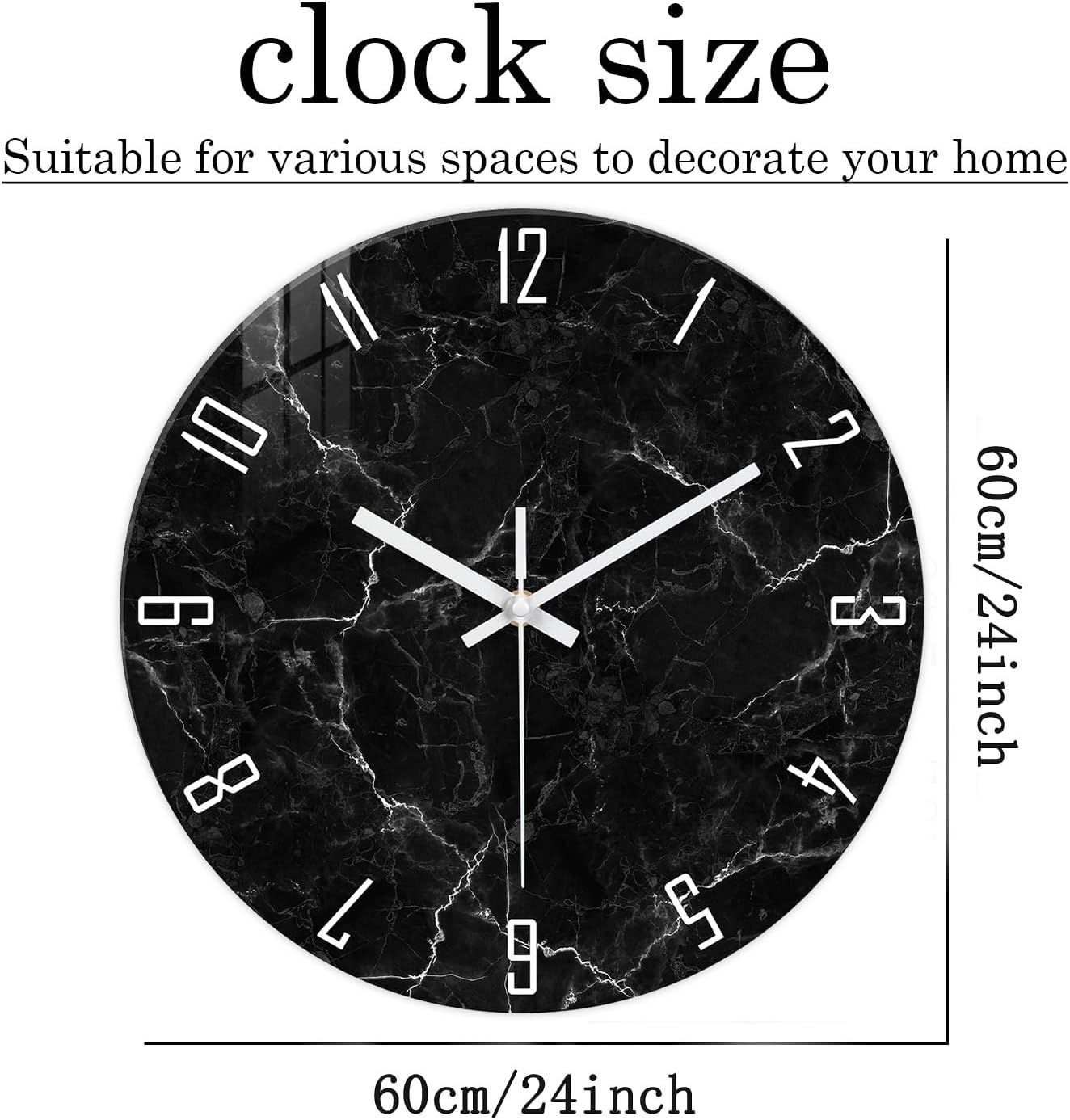 Oversized Decorative Clocks Battery Operated 24 Inch Marble Black Wall Clock for Office Round Non Ticking Wall Clock Silent
