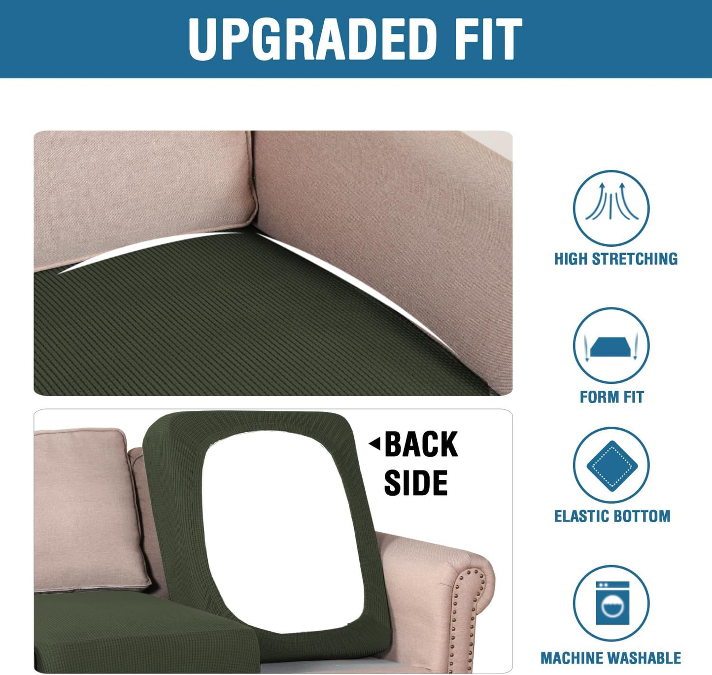 H.VERSAILTEX Super Stretch Individual Seat Cushion Covers Sofa Covers Couch Covers Slipcover Sets Thick Jacquard Textured Twill Fabric (3 Piece XL Sofa Cushion Covers, Olive)