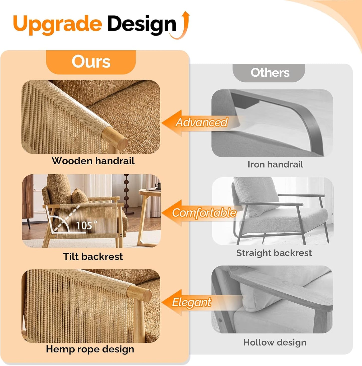 VINGLI Boho Braid Accent Armchairs Set of 2,Mid-Century Modern Chiars with Solid Wooden Armrest,Comfy Louge Cushion Chairs with Waist Pillow for Bedroom,Living Room,Reading Room, Khaki