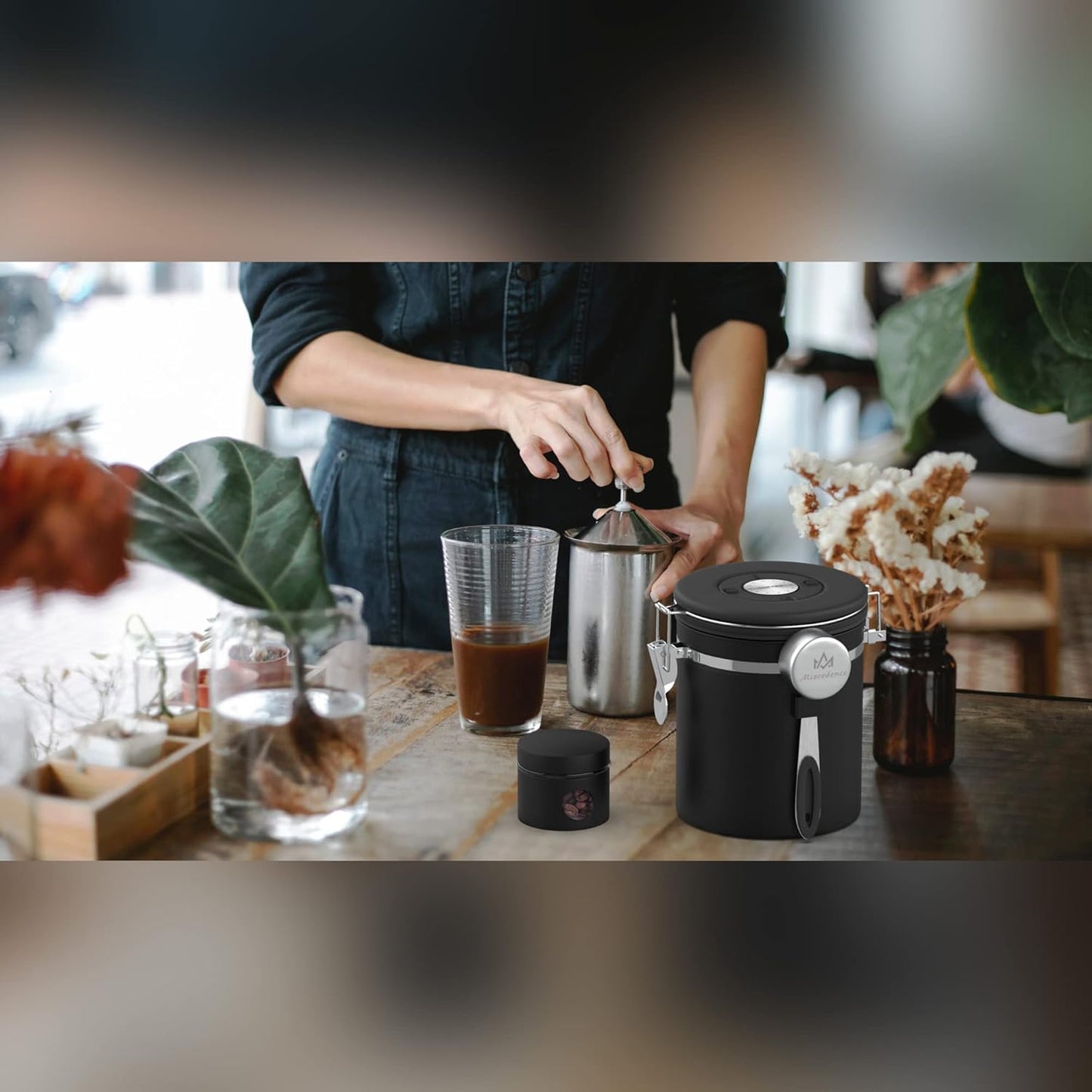 Coffee canister set for ground coffee with Date Tracker,Co2 Valve,Travel jar,Stainless Steel Kitchen Food Airtight storage container for Coffee Beans or Grounds,Tea,Sugar (16oz-Black)