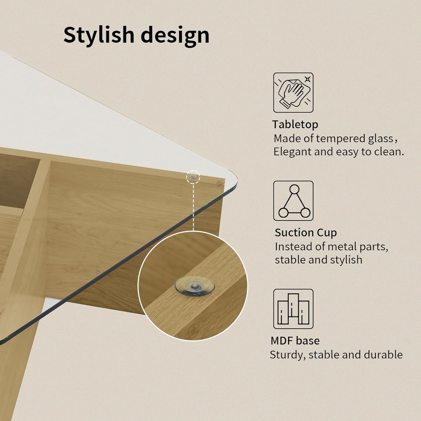 31.5" Glass Coffee Table, MDF Mid-Century Modern Square Coffee Table with Tempered Glass Top, Square Center Tables for Small Space Living Room Office Apartment, Wood