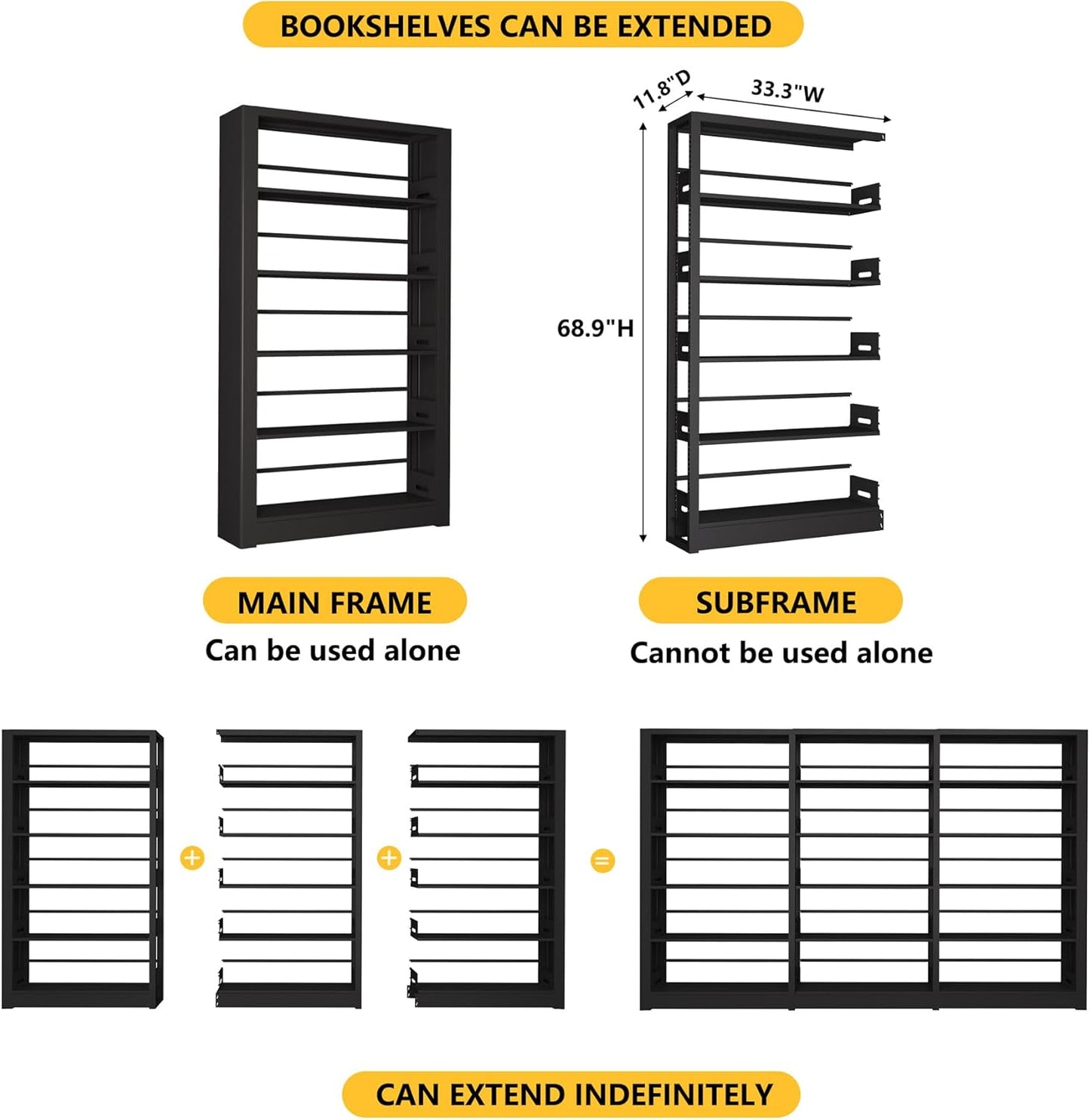 Large Metal Bookcase, 69” Modular Bookshelf with Storage, 5 Tier Bookcase with Adjustable Shelves, Extra Tall Book Shelves, Modern Book Case for Library, Office, Entryway, Living Room(Black)