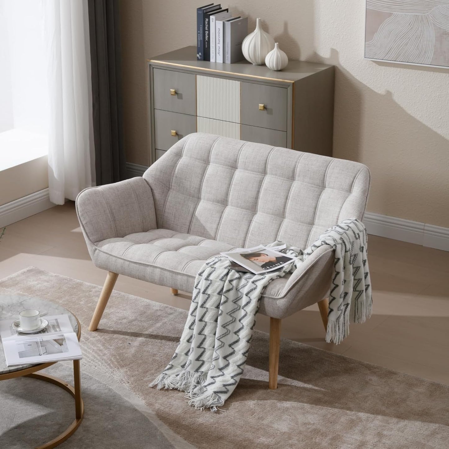 48" Small Loveseat Sofa, Modern Linen Fabric Mini Sofa Couch 2-Seater Love Seat with Quilting Backs and Wood Legs for Living Room, Bedroom and Small Space, Beige