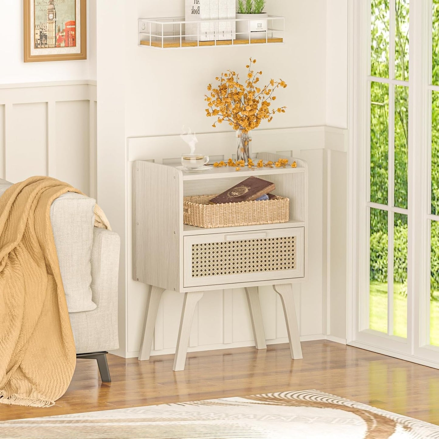 Lerliuo Rattan Nightstand, Side Table with Drawer Open Shelf, Cane Accent Bedside End Table with Solid Wood Legs, Mid Century Modern Night Stand for Bedroom, Dorm and Small Spaces (Grey White)