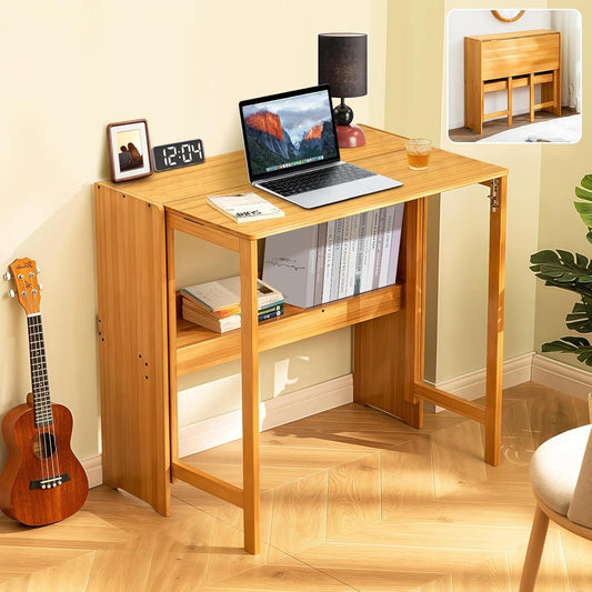 31.5" Bamboo Folding Desk,Space-Saving Computer Desk for Small Spaces, Foldable Study Table for Bedroom, Home Office, Dorm, Apartment(Natural)
