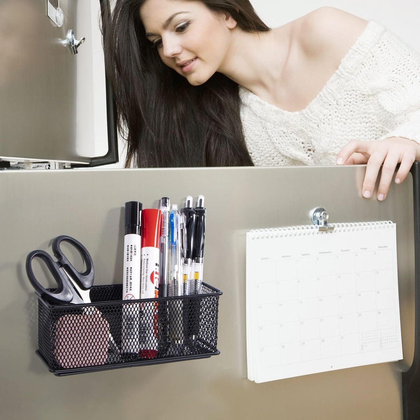 dedoot Magnetic Pencil Holder, Black Mesh Pen Organizer Strong Magnetic Storage Basket Organizes Pens, Pencils, Markers for Whiteboard, Locker, Fridge, Cubicle Desk, Offices 6.3x2.3x2.6inch,2 Pack