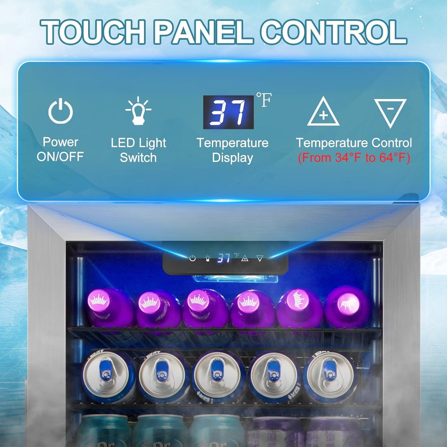 128 Cans Beverage Refrigerator Cooler, 3.2 Cu.Ft Mini Drink Fridge Glass Door for Drink Beer Soda Wine, Beer Fridge with 4 Removable Shelves for Kitchen Bedroom, Office Bar Gaming Room,Stainless Steel