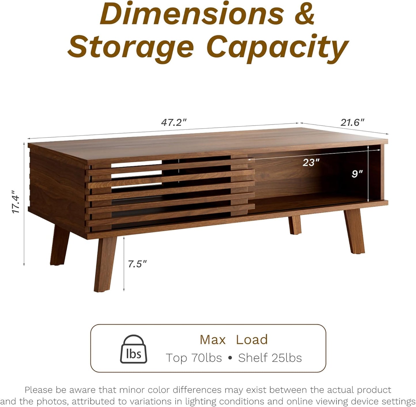 Mid Century Coffee Table with Storage & Sliding Fence Door, Modern Coffee Tables for Living Room, Walnut Finish