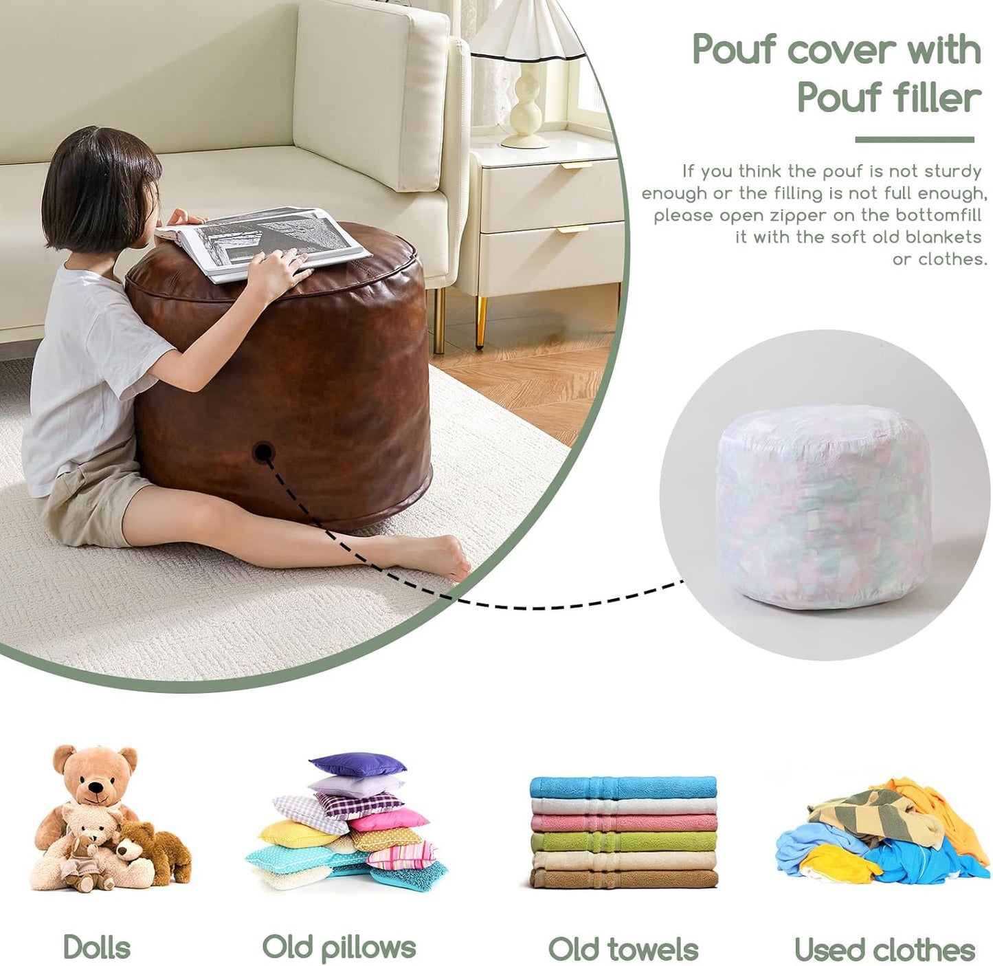 HIGOGOGO Round Stuffed Pouf Ottoman, Pu Leather Poufs with Foam Chunk Filling, Furry and Fluffy Pouf Foot Stool Storage Ottoman, 26 X 18 Floor Poufs Foot Rest for Living Room,Dark Brown