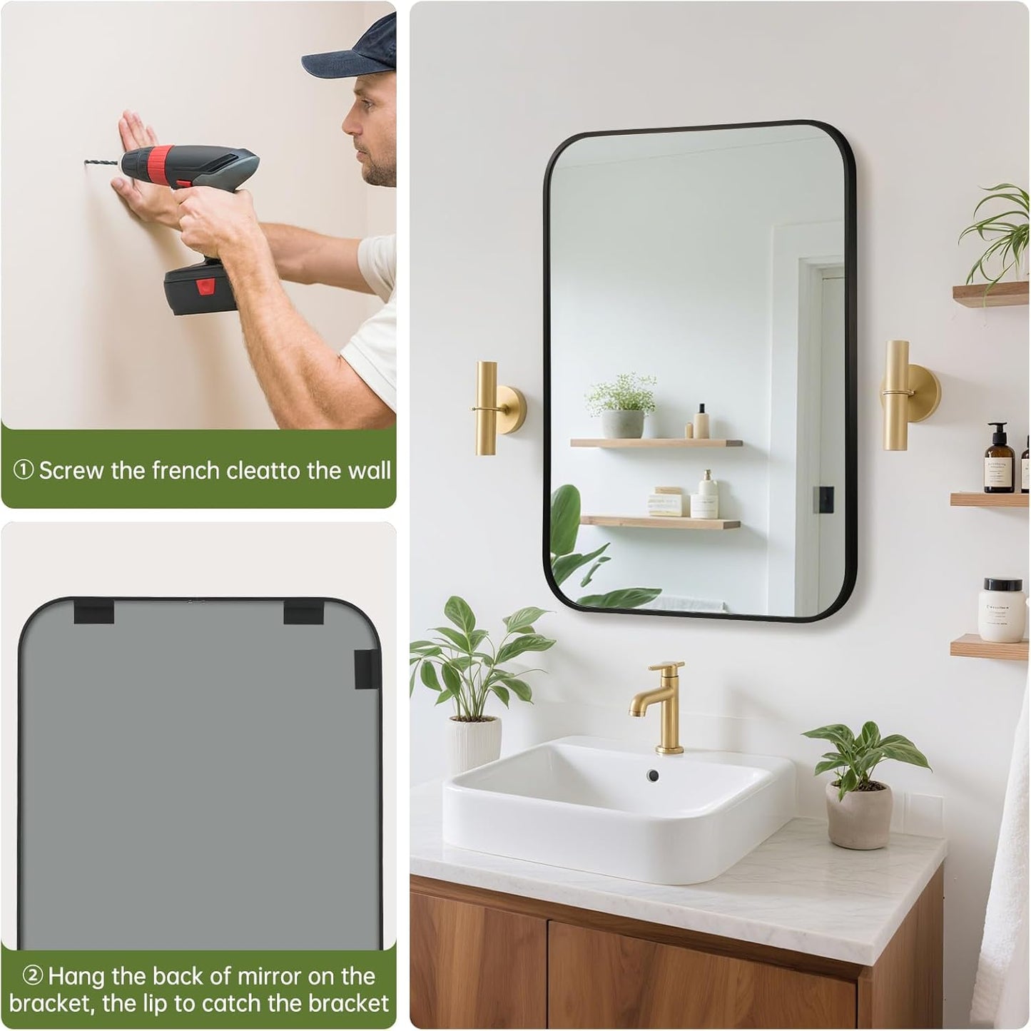 FARMER 24x36 Inch Black Bathroom Mirror, Rectangle Vanity Mirror, Brushed Mirrors for Wall, Metal Frame Hanging Mirror with Round Corner for Bedrooms, Entryways, Living Rooms, Horizontal/Vertical