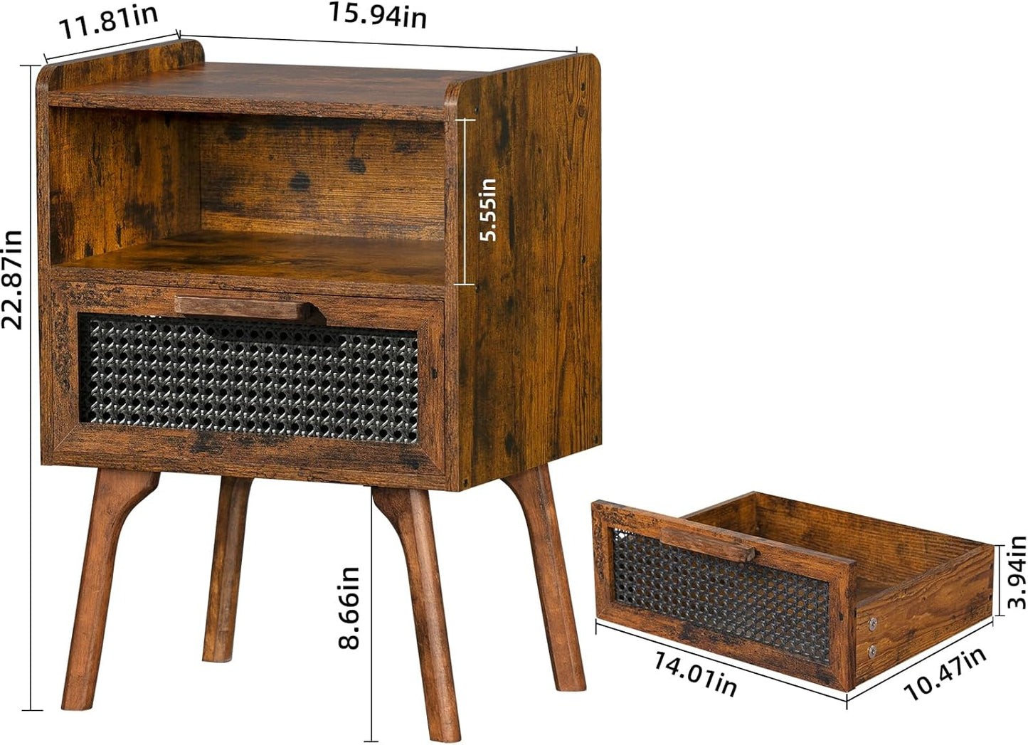 Lerliuo Rattan Nightstand, Boho Side Table with Drawer Open Shelf, Cane Accent Bedside End Table with Solid Wood Legs for Bedroom, Dorm and Small Spaces (Brown)