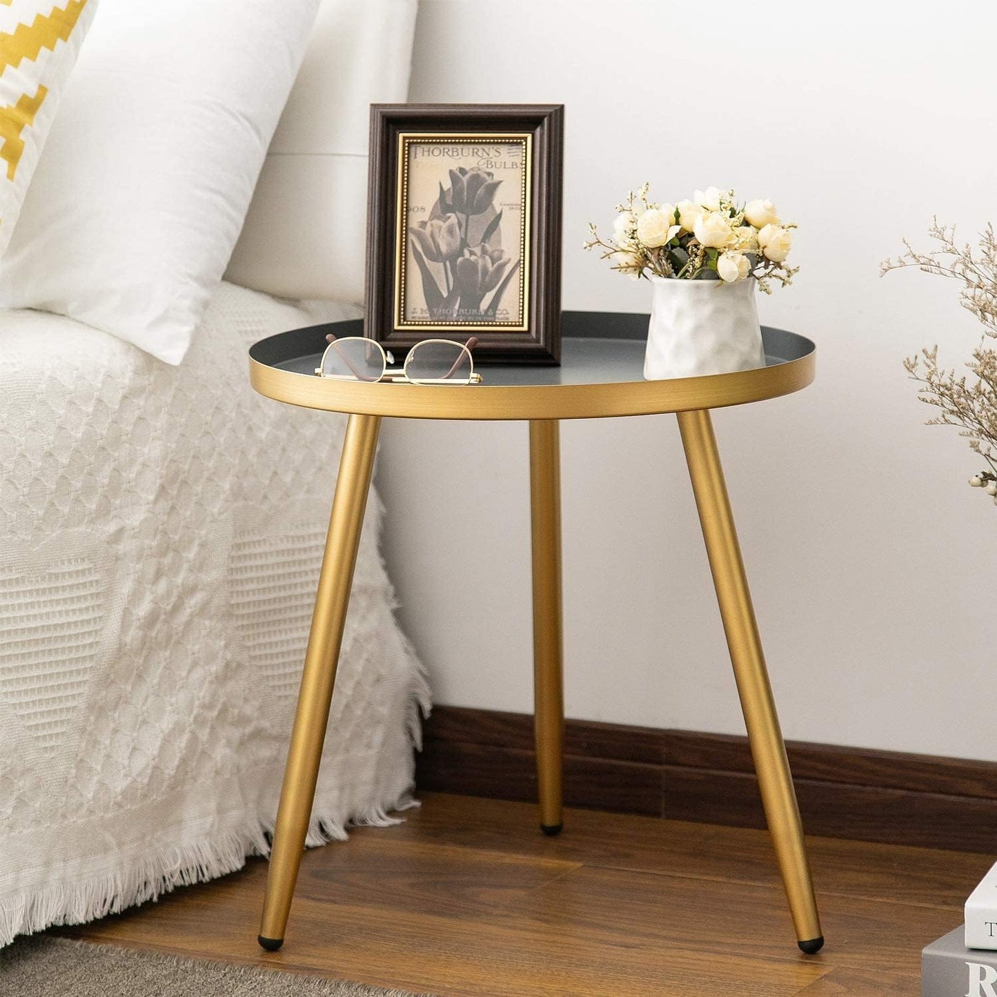 AOJEZOR Side Table: End Table for Indoor Use - Round Side Tables for Small Spaces - Grey Top 3 Legged Gold
