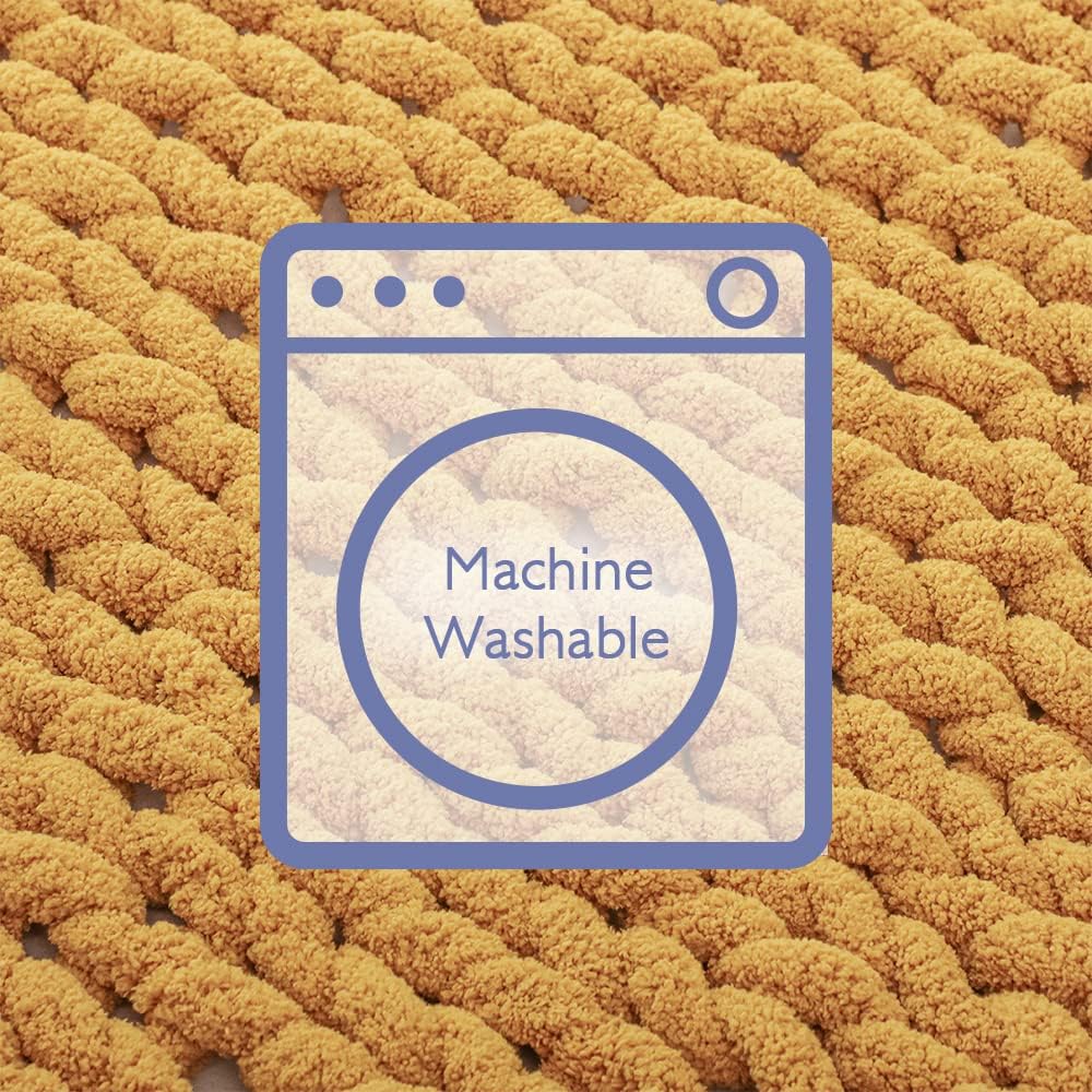 Bigacogo Chunky Knit Throw Blanket for Couch, 40x40 inches, 100% Hand Knitted with Thick Jumbo Chenille Yarn, Cozy Soft Large Rope Knot Cable Crochet Blankets for Sofa Bed Living Room, Mustard Yellow