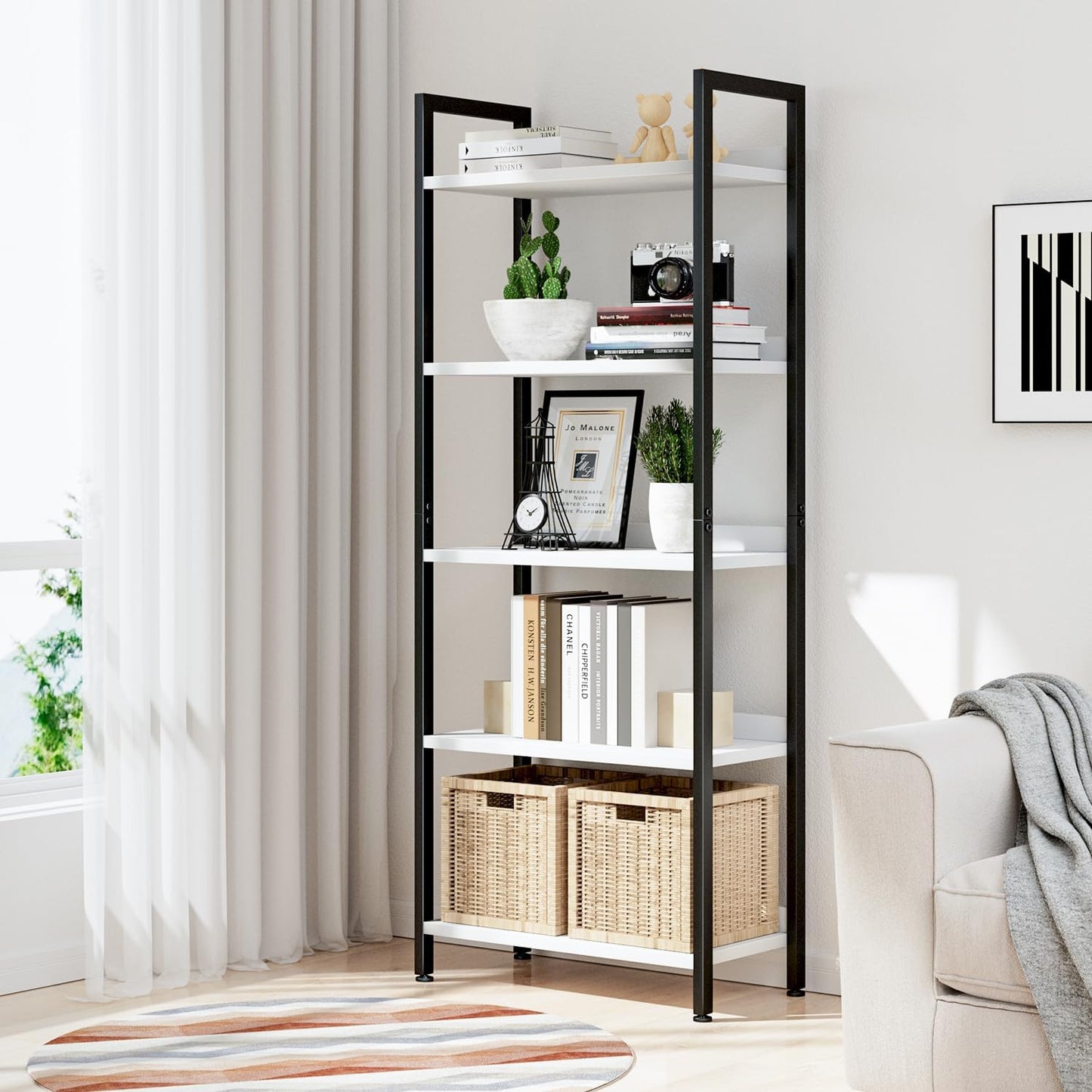 NUMENN Bookshelf, 5 Tier Bookshelves, Home Office Bookcase Shelf Storage Organizer, Free Standing Storage Shelving Unit for Bedroom, Living Room and Home Office, White&Black