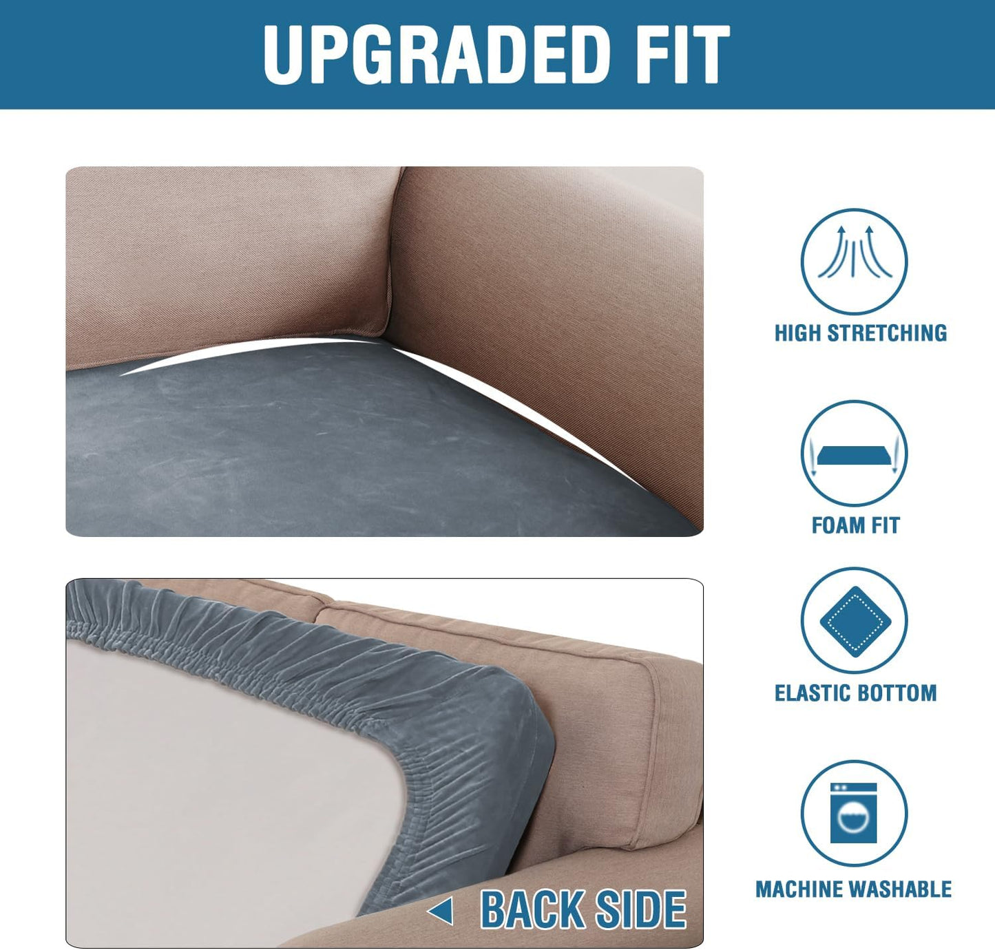 H.VERSAILTEX Velvet Stretch Individual Couch Cushion Cover Plush Cushion Slipcover for Loveseat Sofa Cushion Furniture Protector Seat Cushion Sofa Cover (1 Piece Sofa Cushion Cover, Stone Blue)