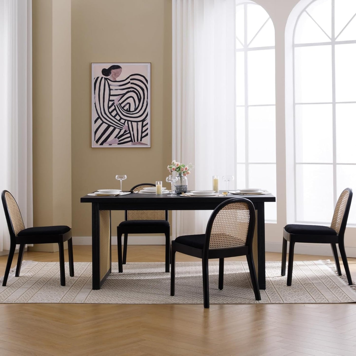 Mid Century Dining Chairs Set of 2, Accent Rattan Sherpa Fabric Side Chairs Kitchen Chair with Solid Wooden Legs for Living Room Dining Room, Black