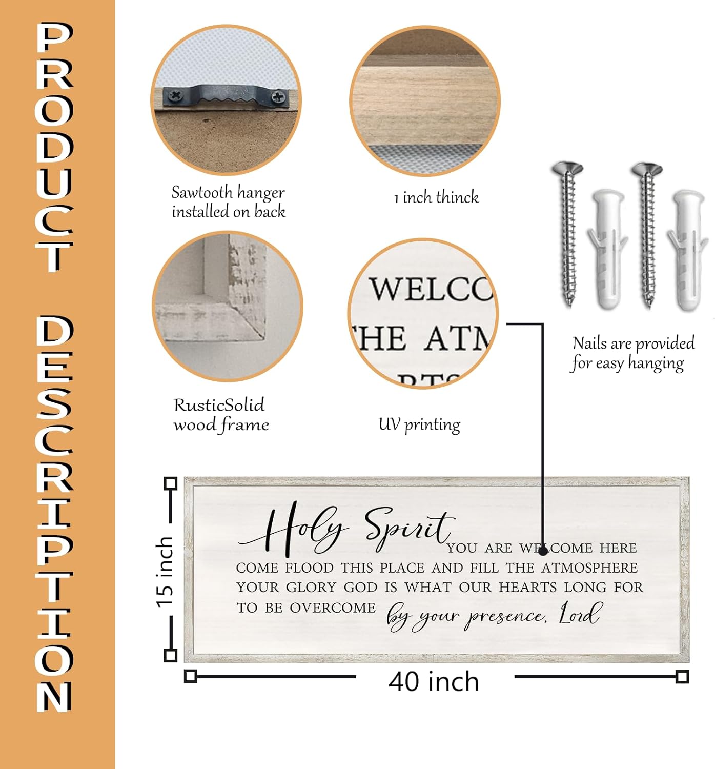 Holy Spirit You are Welcome Here Wall Decor Art 40x15 Inch Large Christian Song Bible Verse Plaque Wood Framed Sign Living Room Scripture Quote Religious For Office Wall Hanging (White)