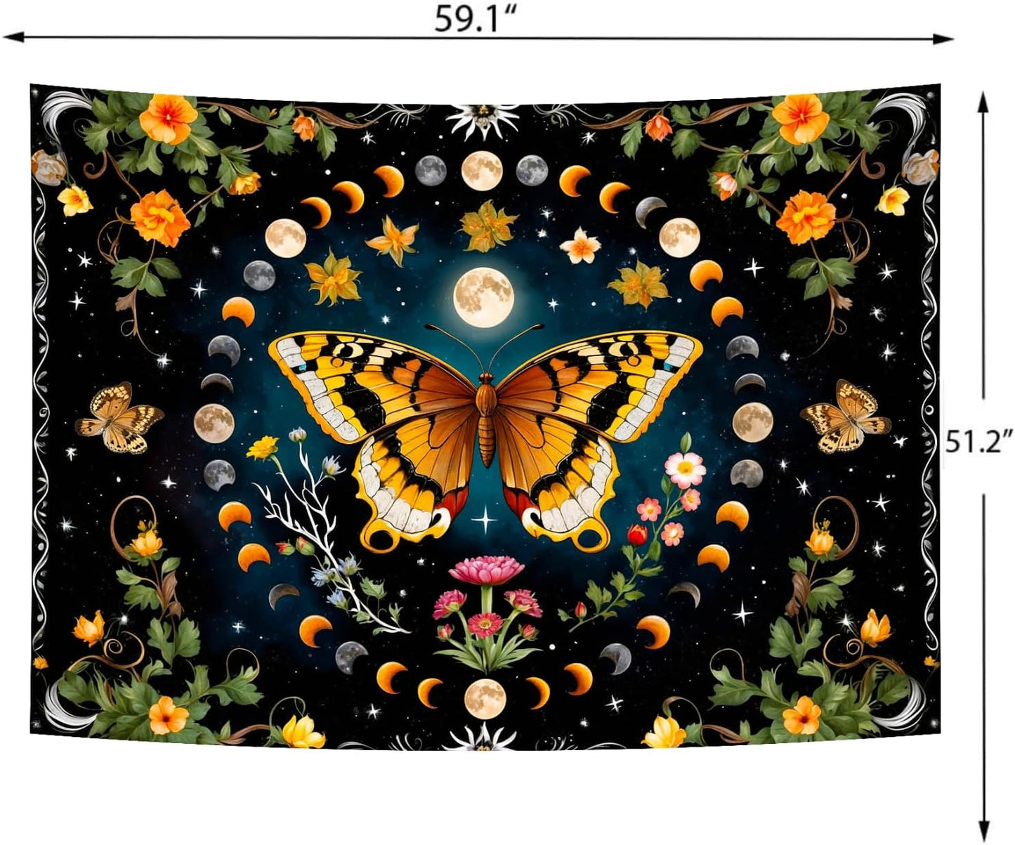 Delur Butterfly Moon Flower Tapestry Botanical Floral Plant Boho Tapestry Wall Hanging Mandala Aesthetic Mushroom Retro Vintage Headboard for Bedroom Living Room Home Decor (51.2" x 59.1")