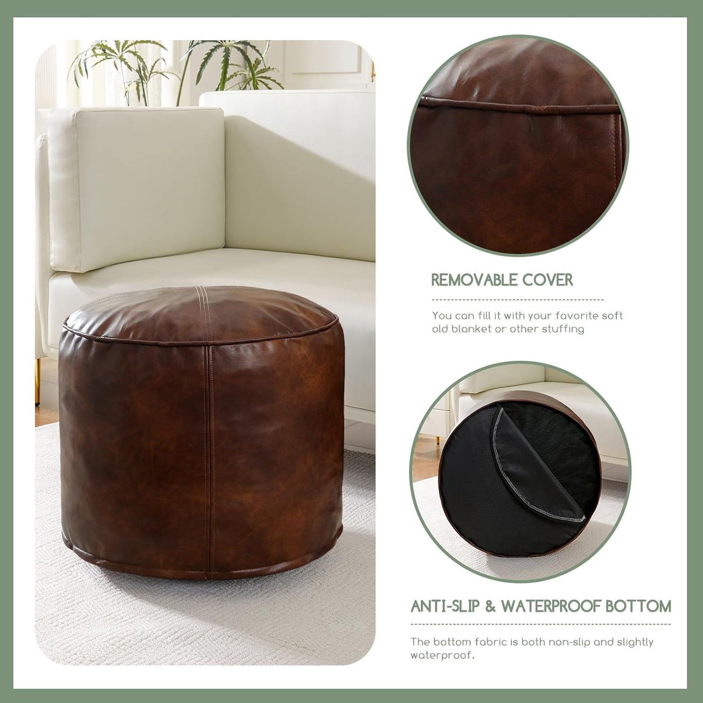 HIGOGOGO Round Stuffed Pouf Ottoman, Pu Leather Poufs with Foam Chunk Filling, Furry and Fluffy Pouf Foot Stool Storage Ottoman, 20 X 15 Floor Poufs Foot Rest for Living Room,Dark Brown