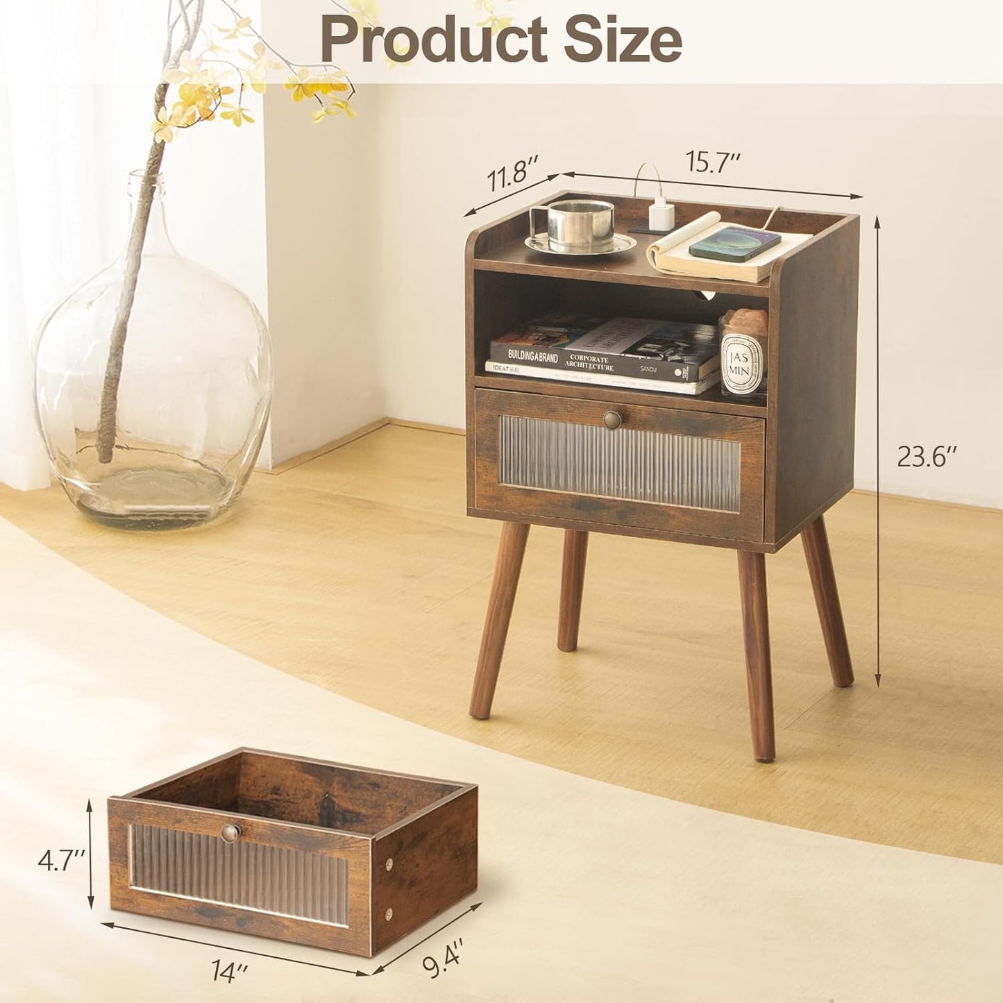 AWASEN Mid Century Night Stand with Charging Station, Wood Bedside Table with Glass Drawer, Small Modern Nightstand End Side Table with 2 Tiers Storage for Bedroom, Office(Rustic Brown)