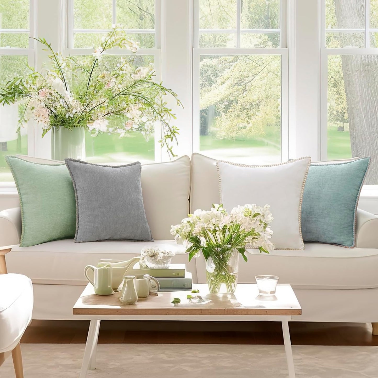 decorUhome Chenille Soft Throw Pillow Covers 16x16 Set of 2, Farmhouse Velvet Neutral Decorative Euro Pillow Covers with Stitched Edge for Couch Sofa Bed Home Decor, Aqua Haze