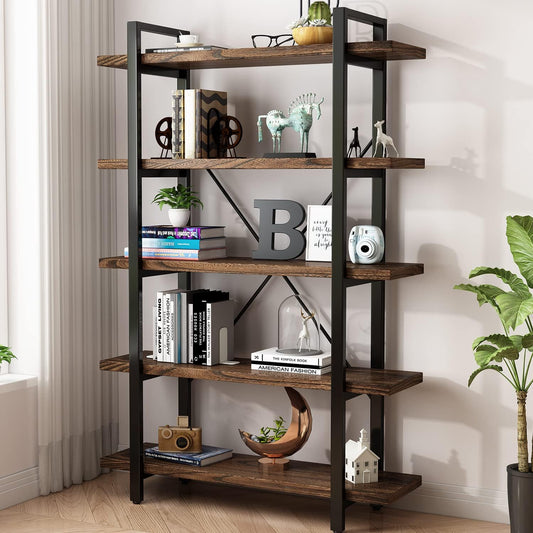 5-Tier Industrial Style Solid Wood Bookcase and Book Shelves,Rustic Wood and Metal Shelving Unit, Living Room,Modern Rustic Open Industrial Book Shelf Office,Distressed Brown (AY-02-5Tier)