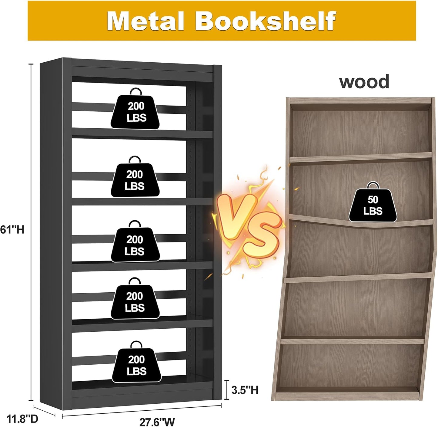 5 Tier Adjustable Black Bookcase, Metal Small Bookshelves and Bookcases, 61" H Display Modern Bookshelf for Living Rooms, Bedrooms, Home Offices, 10 Minutes Assemble