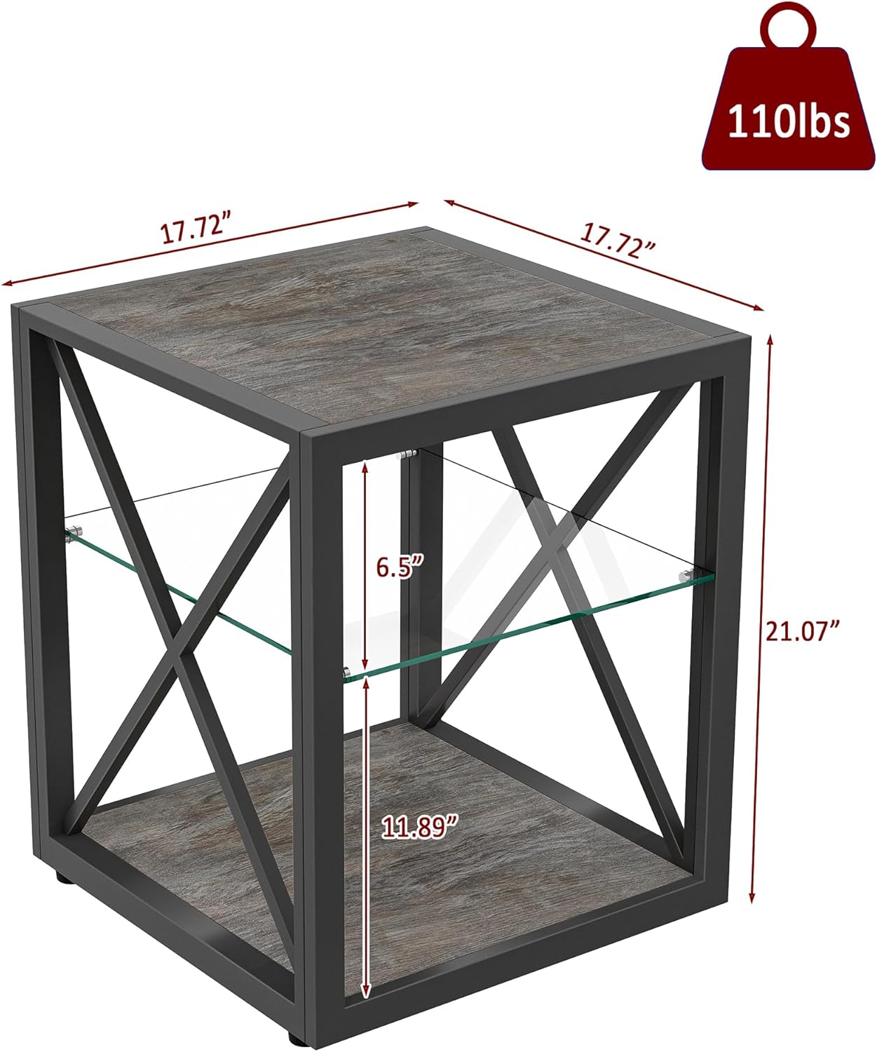Farmhouse End Table Set of 2, Modern Side Table with 3-Tier Storage Shelf, Square Rustic Nightstand, Accent Tea Table, for Bedroom Office Living Room, Grey, Natural Wood, Glass, Metal