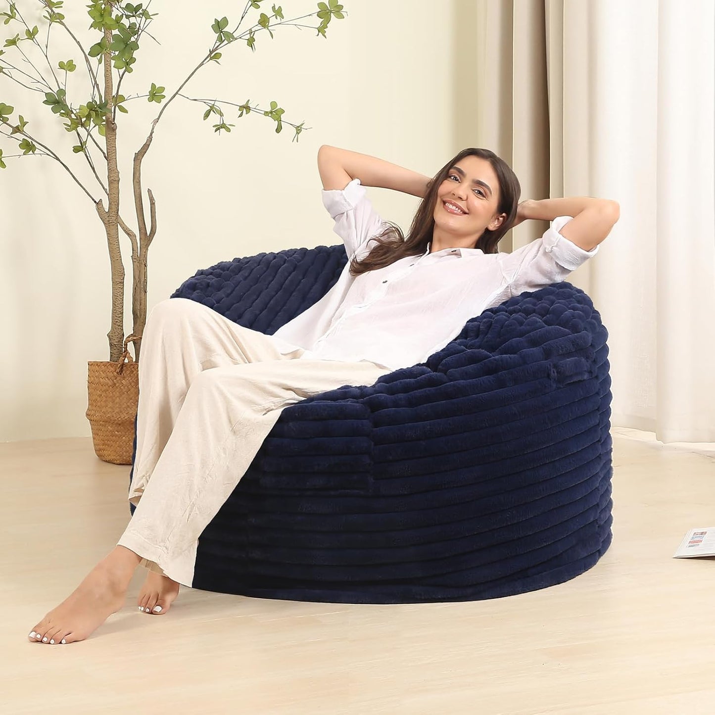 Memory Foam Bean Bag Chair for Adults/Teens, Bean Bag Sofa with Fluffy Removable Cover, for Living Room Bedroom, 3FT Blue