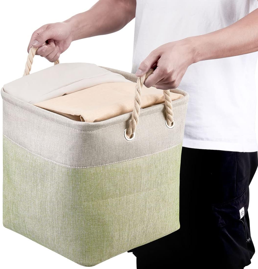 i BKGOO 3Pack Large Foldable Storage Bins,Collapsible Sturdy Cationic Fabric Organizing Storage Basket Cube with Cotton Handles for Home Office Shelf Clothes Toys Beige-Green 13×13×13 inch