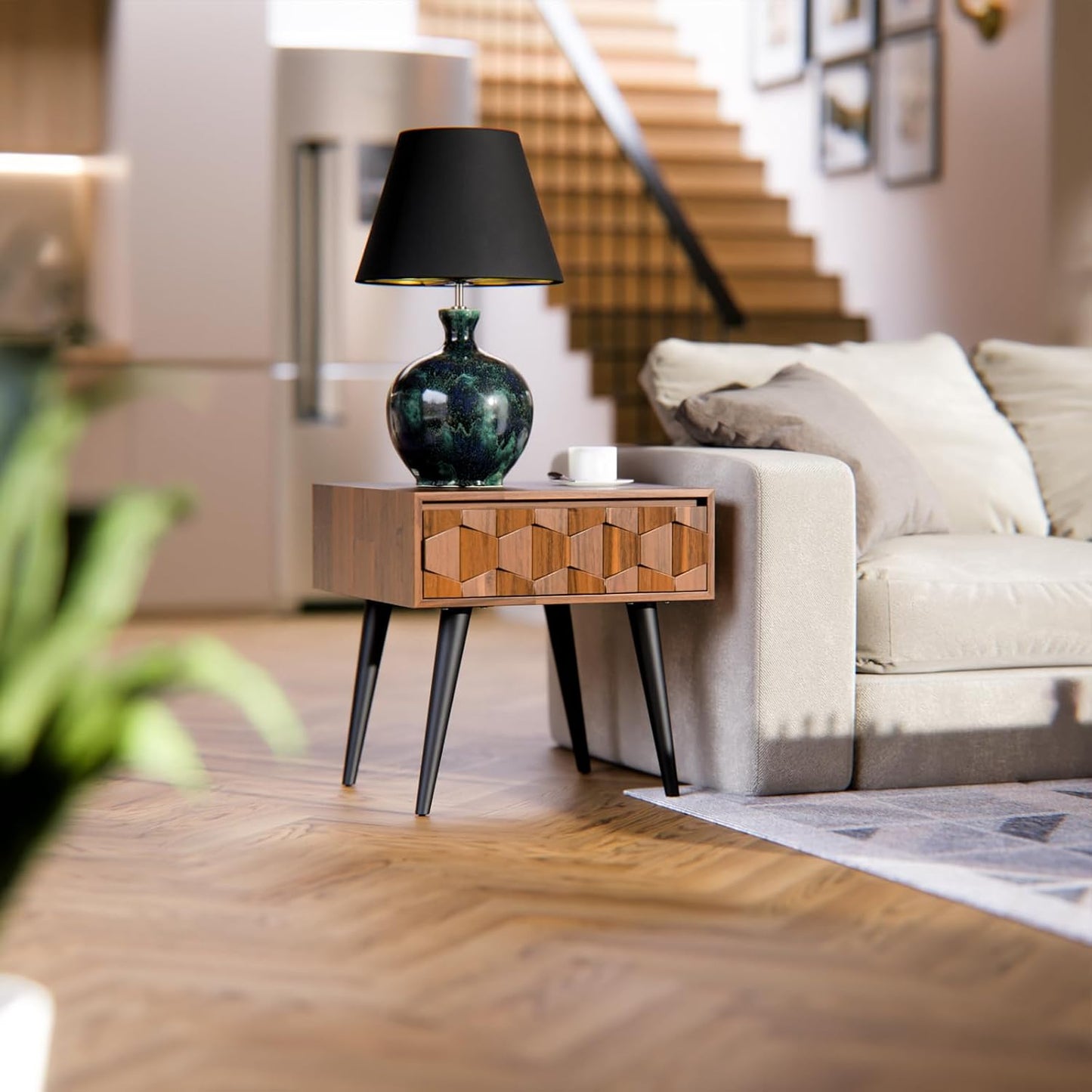 Bme Georgina Solid Wood Nightstands with Drawers - Fully Assembled Rustic Geometric Pattern Bedside Cabinet - Mid Century Modern Side Table for Living Room, Bedroom, Dark Chocolate