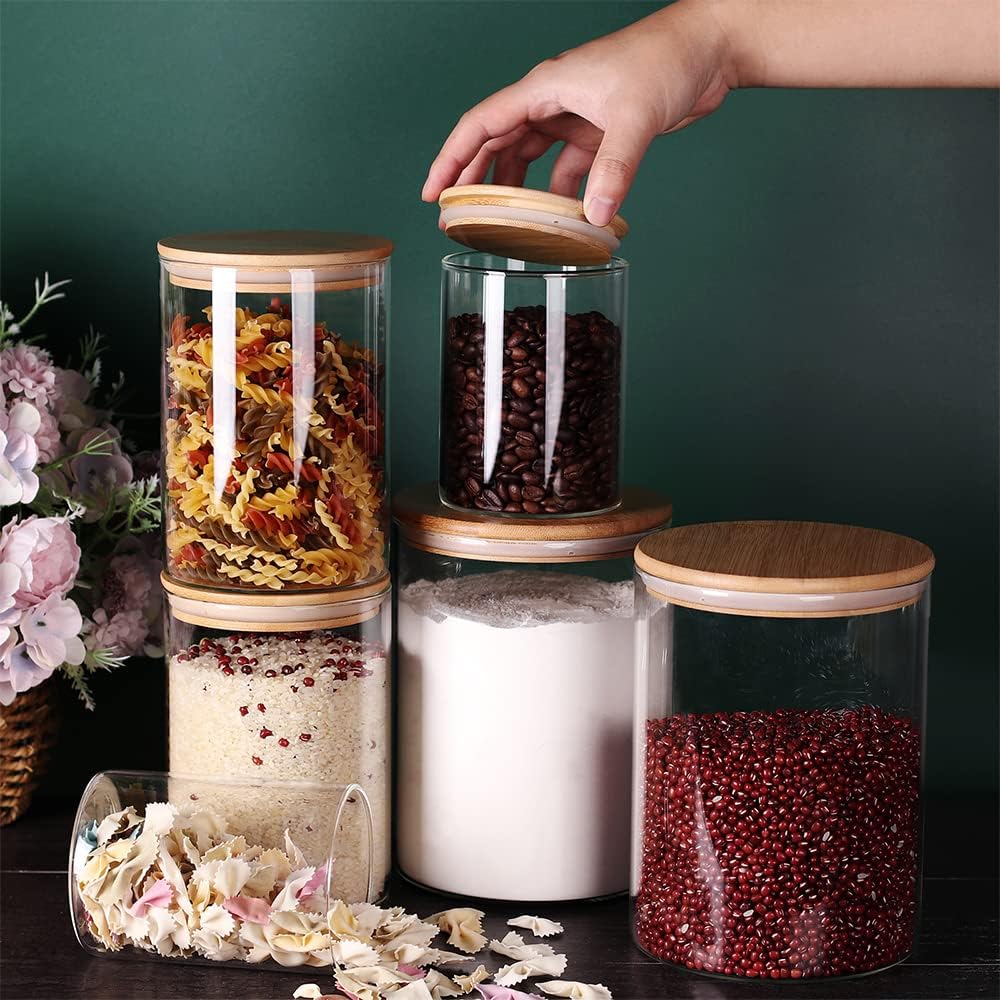 Glass flour Jars with Airtight Lids, 6 Pack Sugar and Flour Salt Containers Set, Extra Large Glass Rice Jar with Bamboo lid for Kitchen, Brown Suger, Beans, Groub Coffee (100OZ/54OZ/27OZ)