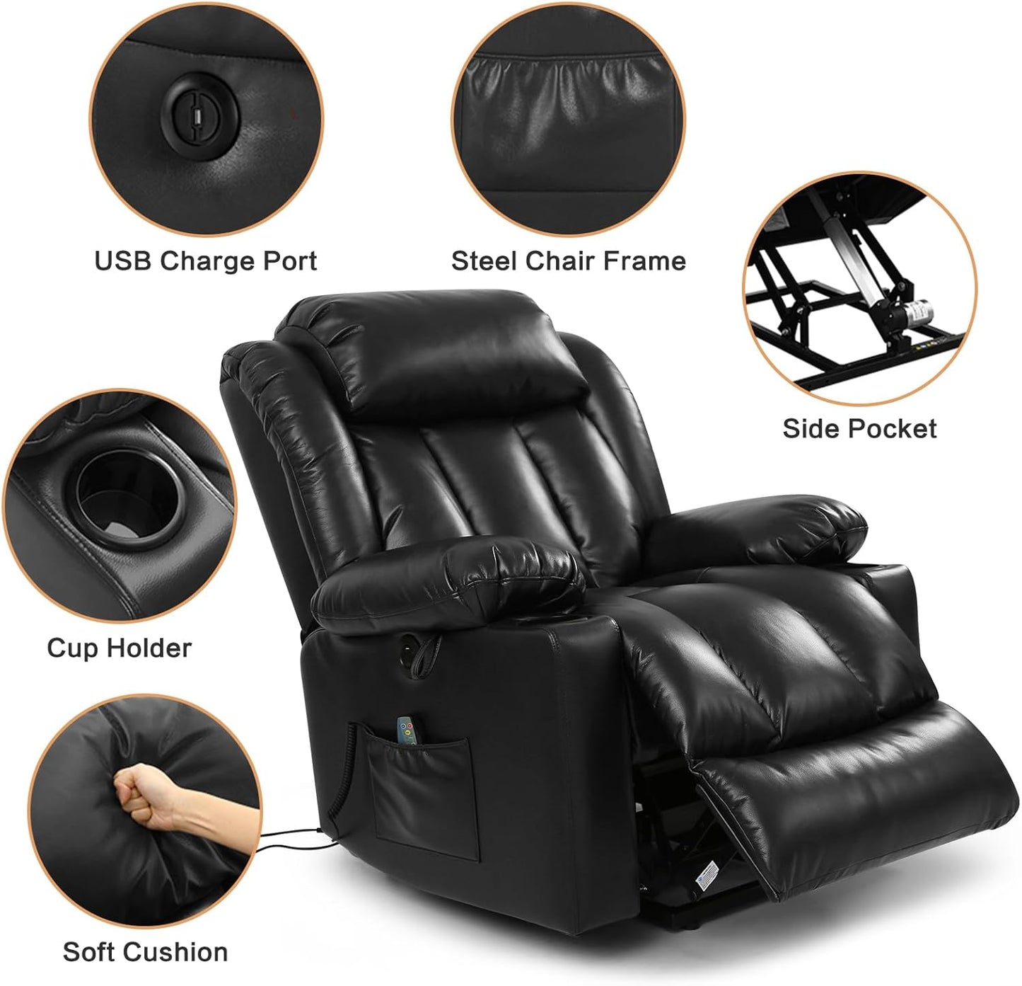 PARKOL Power Lift Recliner Chair for Elderly Breathable Leather Recliner Chair with Massage and Heat,2 Cup Holders,Electric Stand Assist,USB Ports,Gifts for Family (Black)