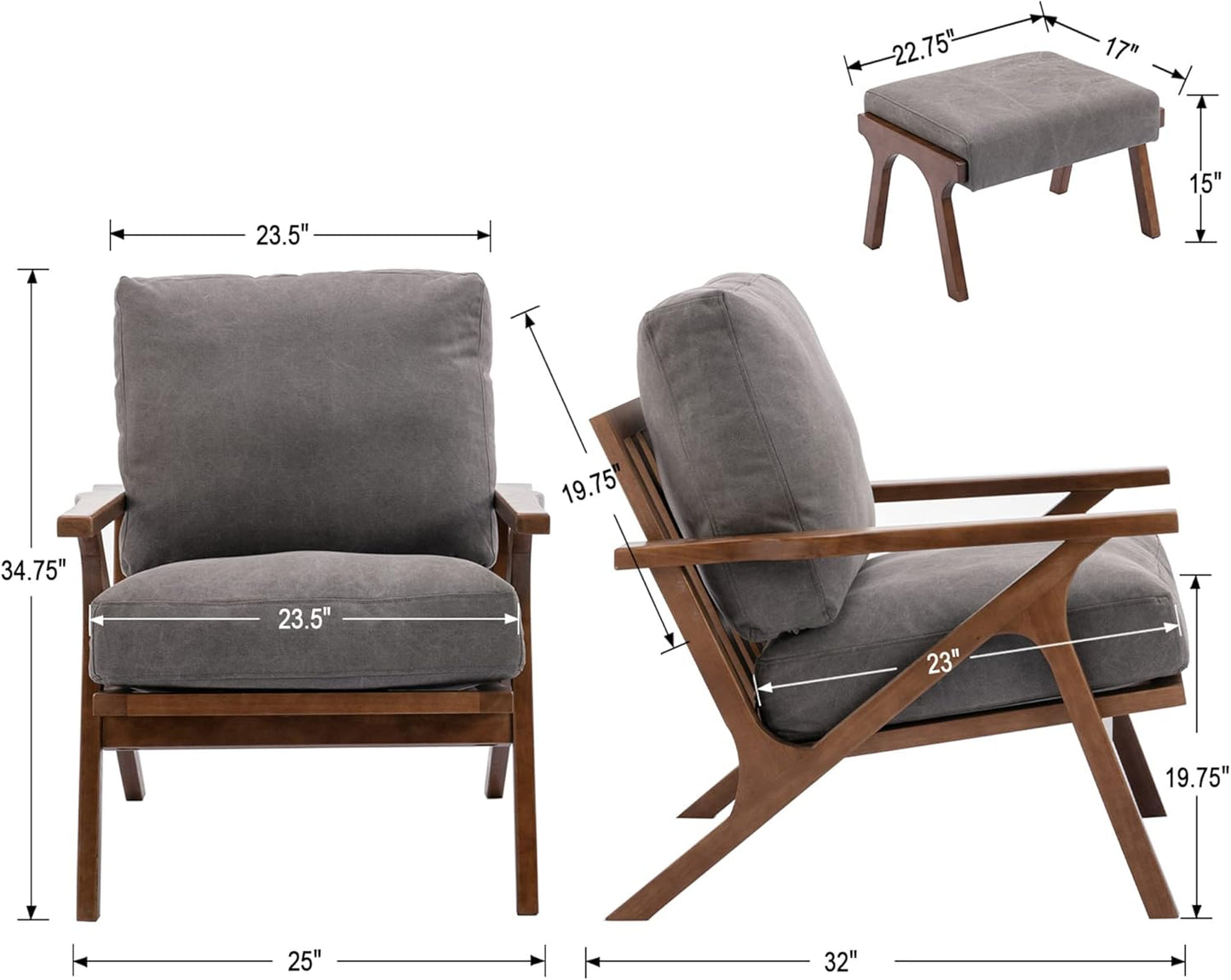 chairus 2 Sets Mid-Century Modern Accent Chairs with Ottoman, Linen Fabric Armchair with Wood Legs Comfy Upholstered Single Sofa Chair for Living Room/Bedroom/Lounge, Grey