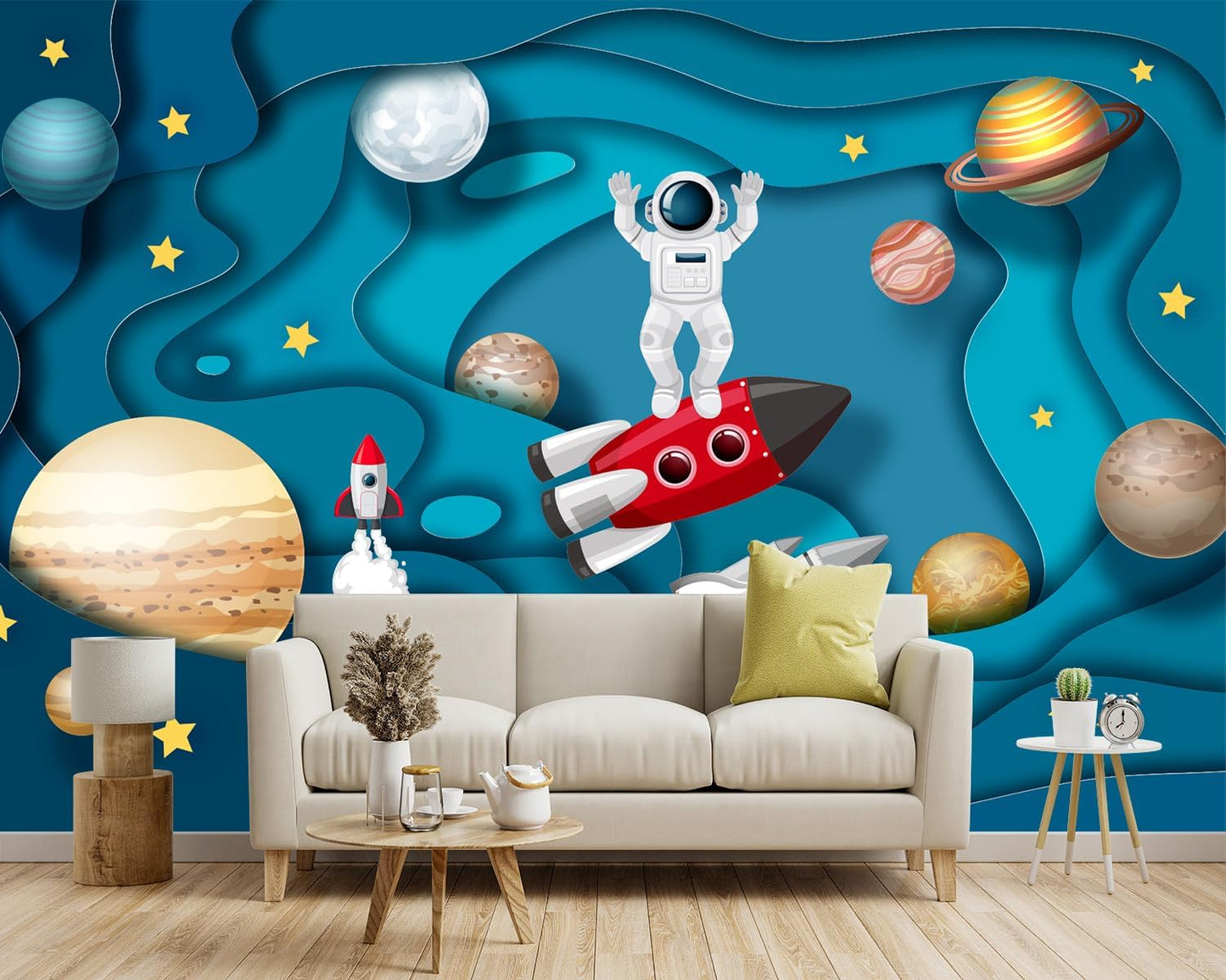 -Kindergarten Children Galactic Planet Fabric Wallpaper Living Room Bedroom Boys Girls Children Cartoon Astronauts Large Mural- 91"x65"( not Peel and Stick)