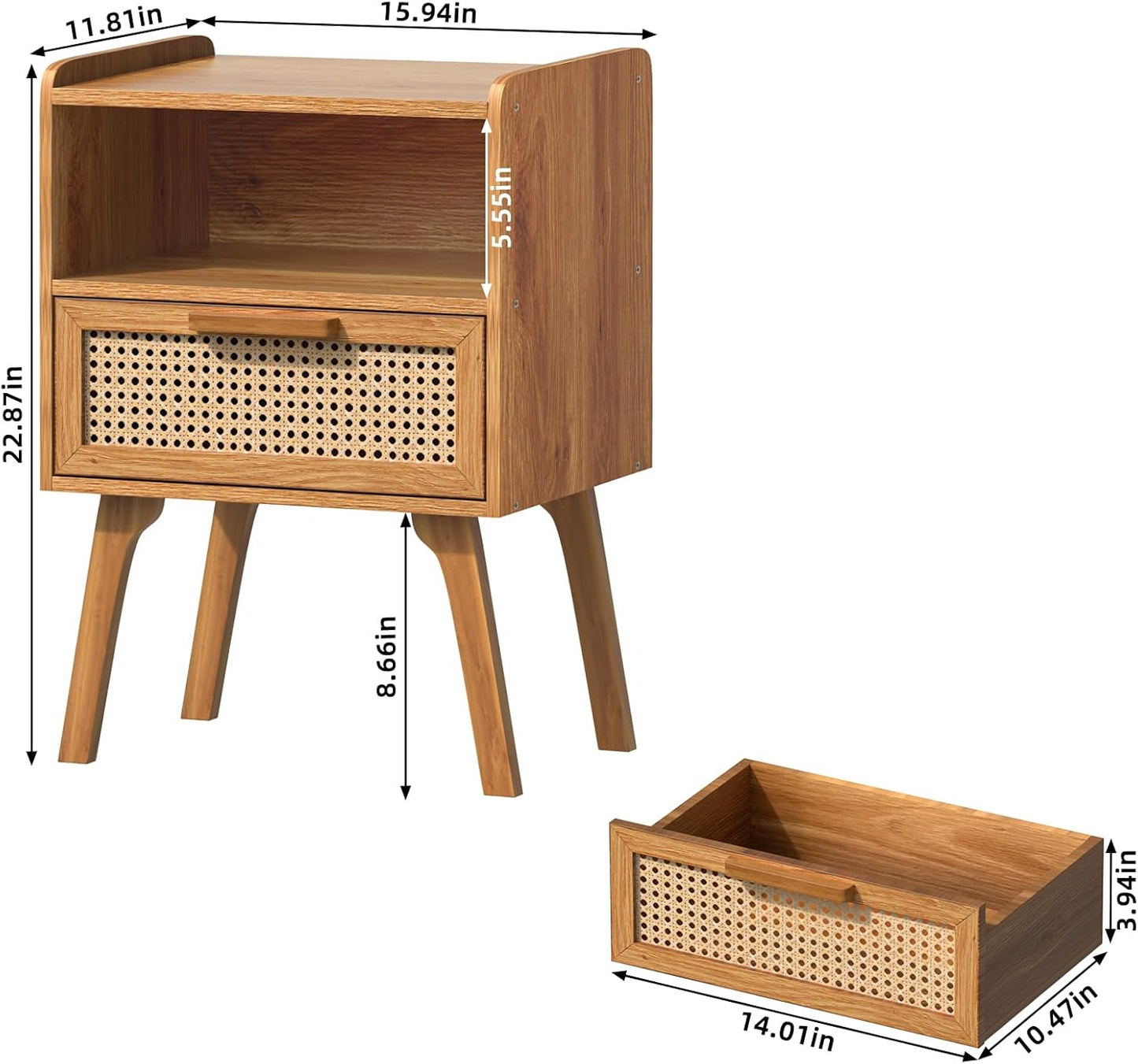Lerliuo Rattan Nightstand, Side Table with Drawer Open Shelf, Cane Accent Bedside End Table with Solid Wood Legs, Mid Century Modern Night Stand for Bedroom, Dorm and Small Spaces (Tea Brown)