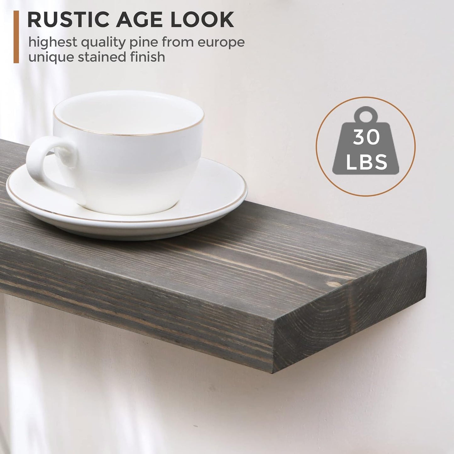 Fun Memories European Pine Floating Shelves for Wall, Mounted Shelf for Decor Storage Set of 2 - Natural Rustic Wooden Wall Shelf for Kitchen Bathroom Living Room Bedroom Farmhouse - Grey