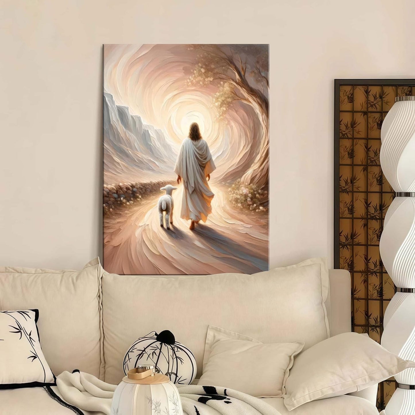 Framed Canvas Jesus and Lamb Wall Decor Wall Art Gallery Decoration Unique Print Wall Decor for Living Room Bedroom Church Home Decor 12x16 Inch Ready to Hang