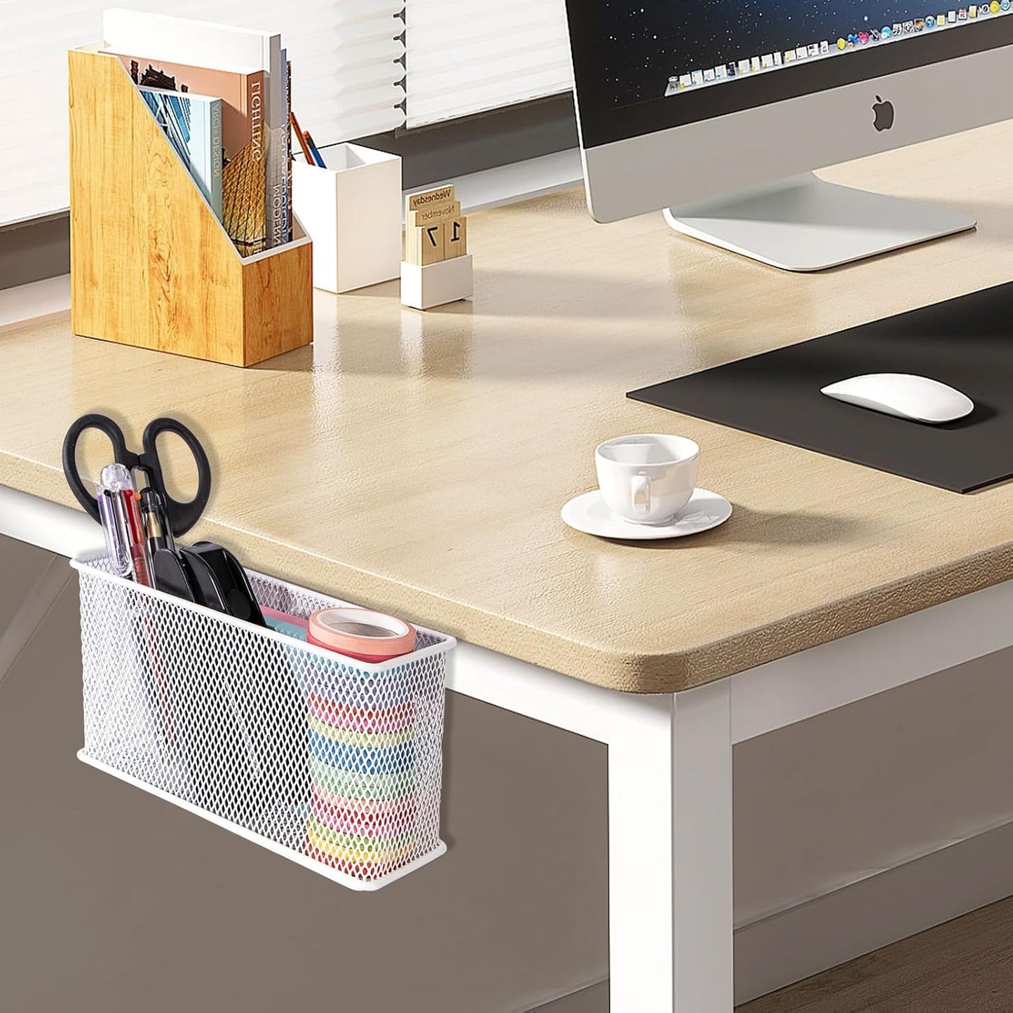 White Magnetic Basket, Magnetic Shelf Pencil Holder for Refrigerator, Wire Mesh Magnetic Bin, Magnetic Organizer Whiteboard Desktop Storage, 6.29"x2.28"x3.54"