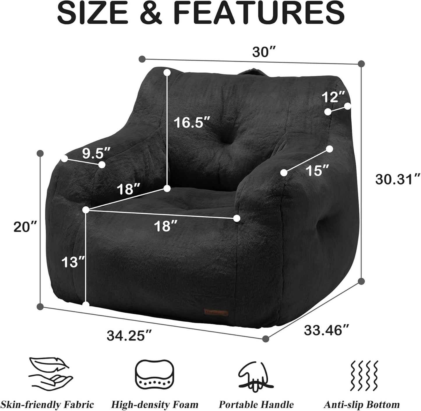 Hobestluk Bean Bag Chair for Adult Small Bean Bag Chairs with Arms Furry Beanbag Chair with Foam Filler Stuffed Bean Bag Sofa for Reading in Bedroom Living Room and Dorms (Black)