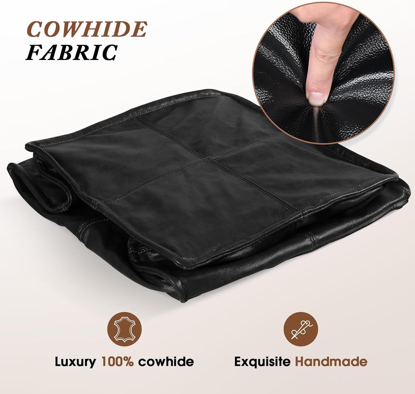 Leather Ottoman,Handmade Stuffed Square Ottoman,Genuine Leather Pouf, Foot Rest Pouf,Comfortable Soft Seating for Living Room & Bedroom (Black, Square)