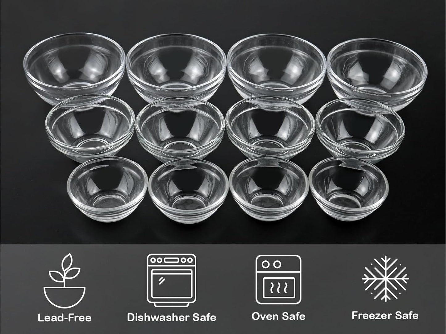 HillSpring 3 Sizes of Glass Prep Bowl Sets, Clear Small Pinch Bowls for Salt, Spices and Chopped Ingredients, 1.5oz/2.5oz/3.5oz, Set of 12