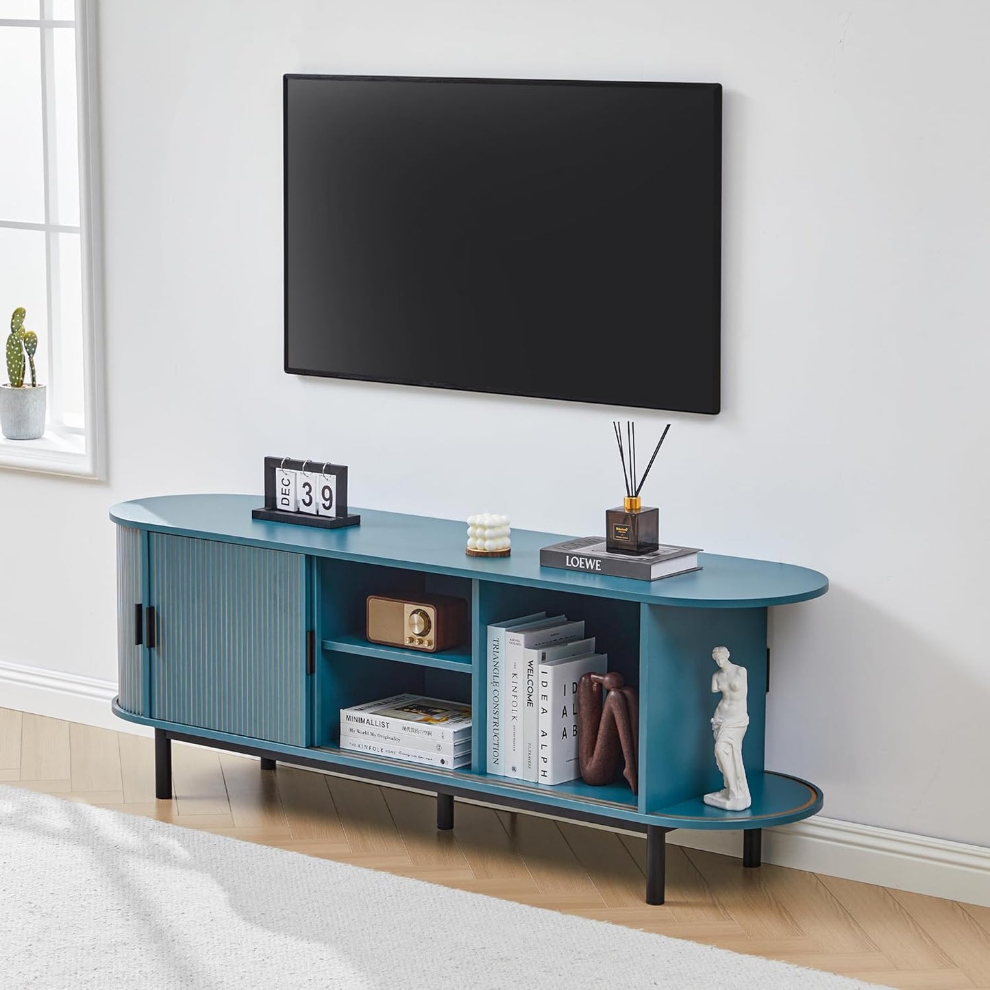 62" Tambour Door TV Stand,Wood Mid Century Modern TV Cabinet for Up to 75“ TV,Curved Edge Long TV Stand with Storage for Bedroom Living Room(62.2inch,Blue)
