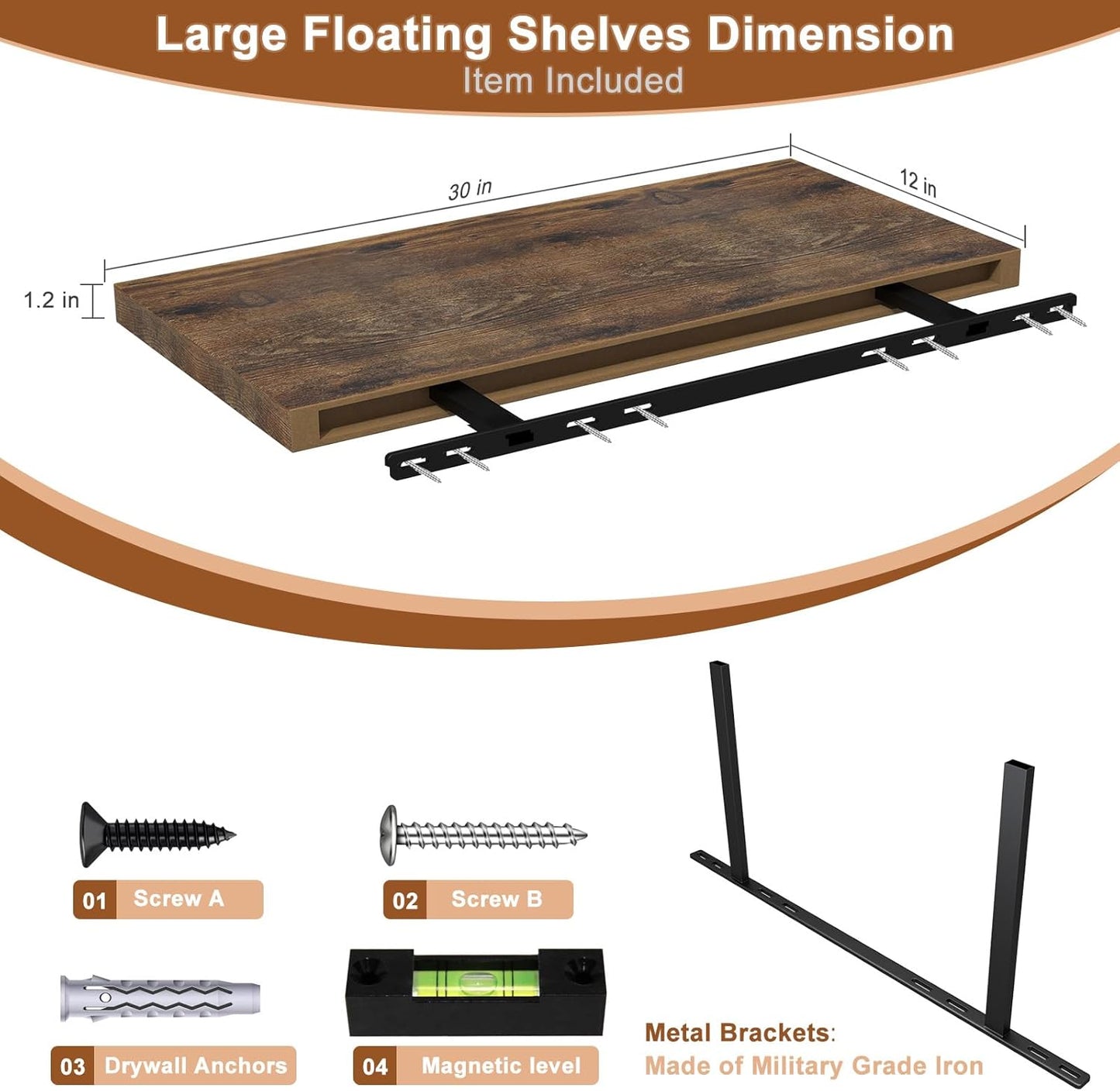 12 Inch Deep Floating Shelves for Wall 3 Pack Floating Shelves Large Storage Space Wall Mount Shelf for Living Room Kitchen Bathroom 30" W x 12" D x 1.2" H Rustic Brown