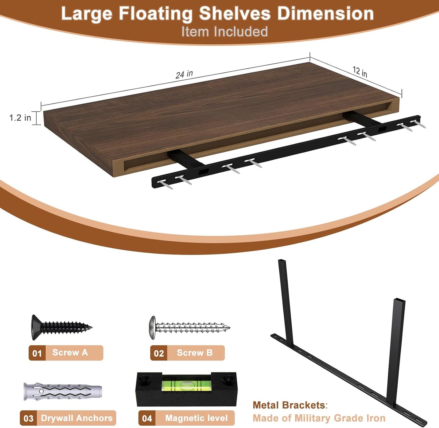 12 Inch Deep Floating Shelves for Wall 1 Pack Floating Shelves Large Storage Space Wall Mount Shelf for Living Room Kitchen Bathroom 24" W x 12" D x 1.2" H Walnut