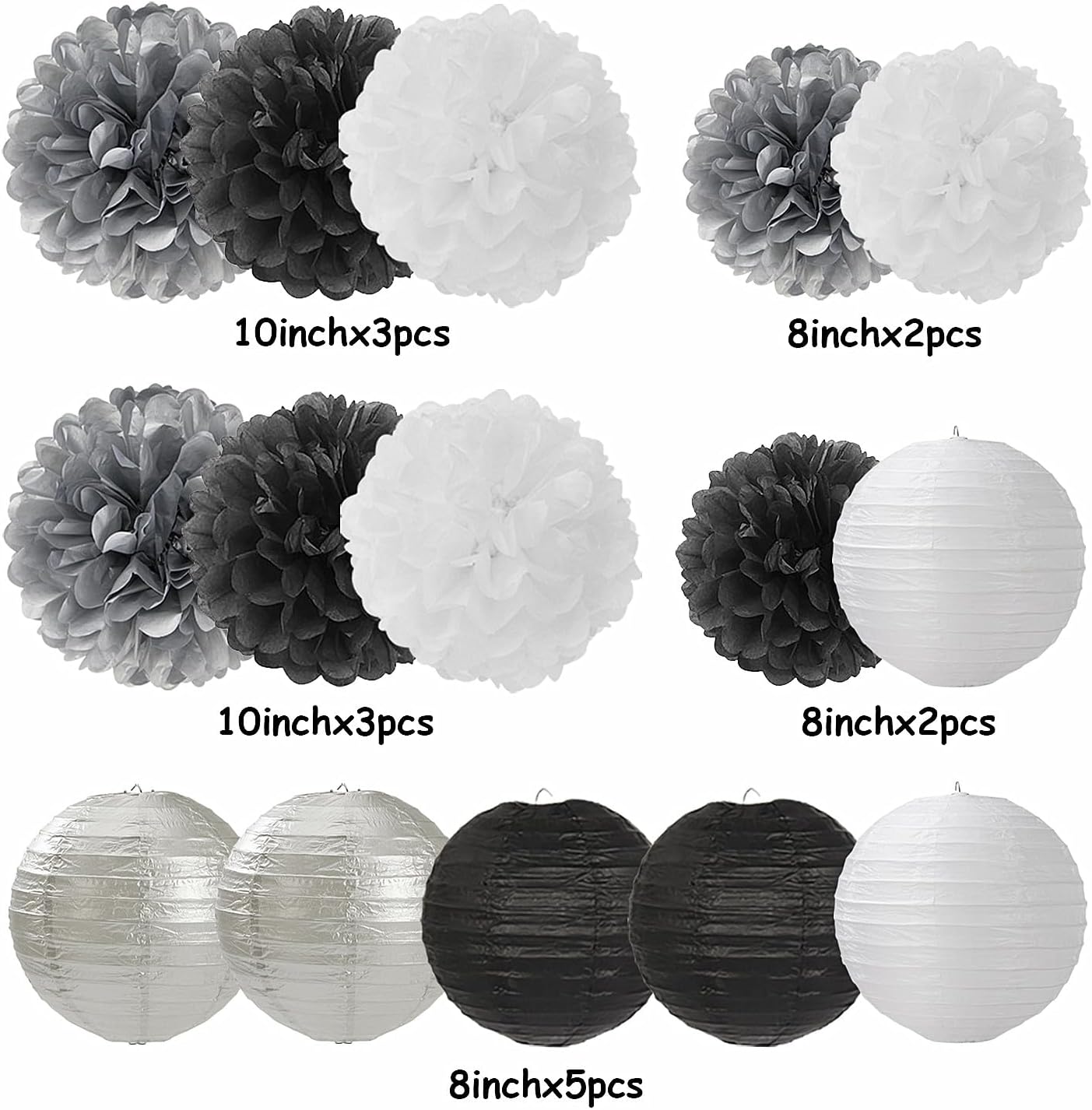 Black White Silver Party-Decorations Paper Flowers Lanterns - 15PCS Birthday Halloween Wedding Tissue Pom Poms Streamers, Halloween Prom Baby Shower Bachelorette Hanging Supplies Decor Hugfond