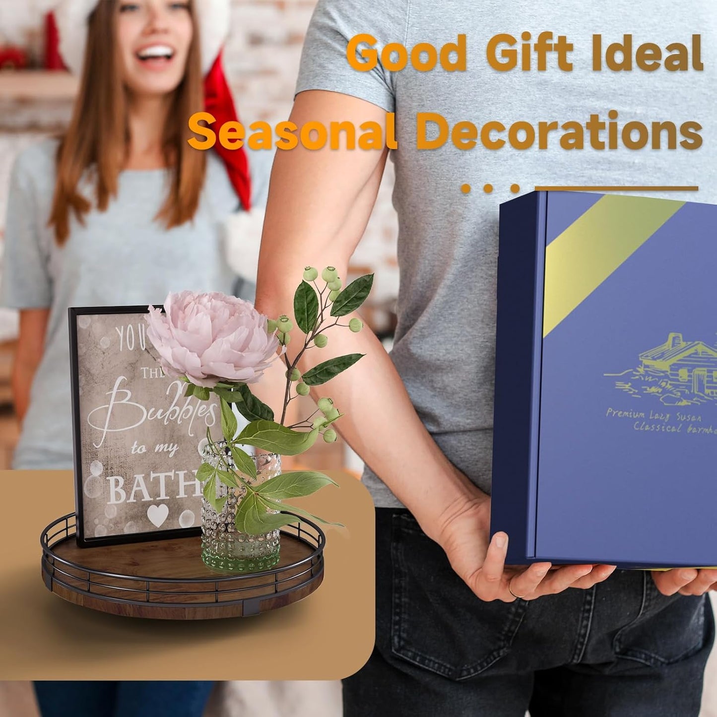 Farmhouse Oak 10" Lazy Susan Turntable Organizer for Cabinet, Round Wooden Lazy Susan Organization and Storage for Dining Table, Pantry, Kitchen, Countertop, Cupboard,Home Decor, Walnut Wood