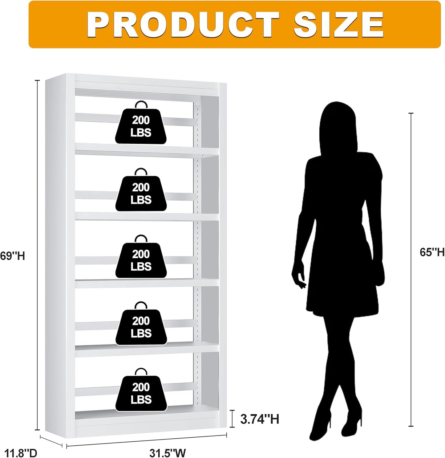 Bookshelf, 5 Tier Bookshelf with Adjustable Shelves, 69" H Tall Bookcase, Metal Bookshelves and Heavy Duty Bookcases for Living Rooms, Home Offices, Library, 10 Minutes Assemble