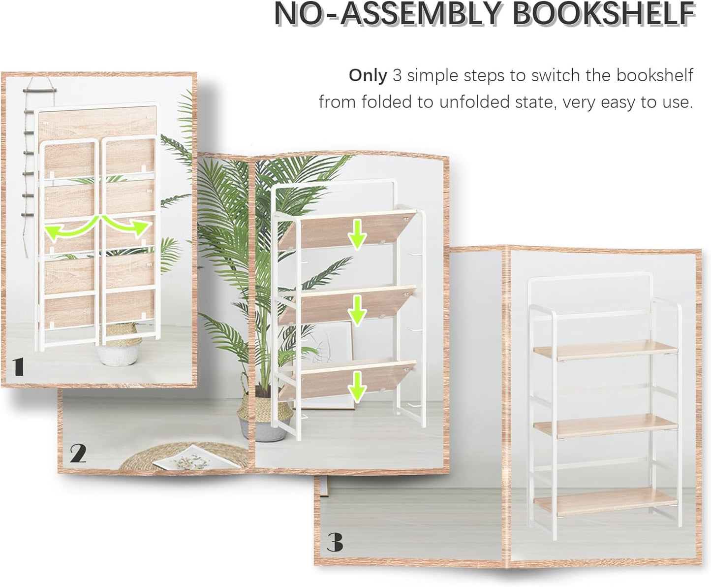 4NM No Assembly Foldable Bookshelf, 3-Shelf Collapsible Bookcase Storage for Small Spaces, 42.1" H, Natural White