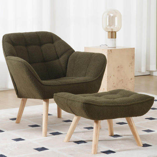 Green Sherpa Accent Chair with Ottoman ,Modern Reading Chair with Ottoman Set, Comfy Fuzzy Armchair Living Room Chair Lounge Chair with Wood Legs for Small Spaces Bedroom Apartment